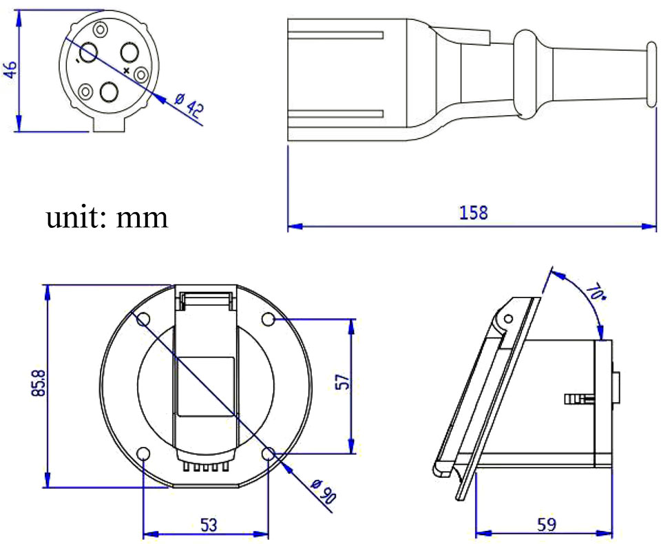YEEDA Y40, Powerwise ET010803 Connector Dimensions Diagram, Plug + Sockect